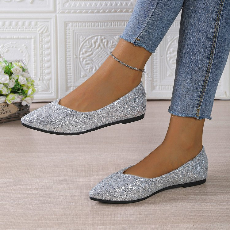 Women Glitter Ballet Flats with Pointed Toe and Flat Sole Mune Fashion