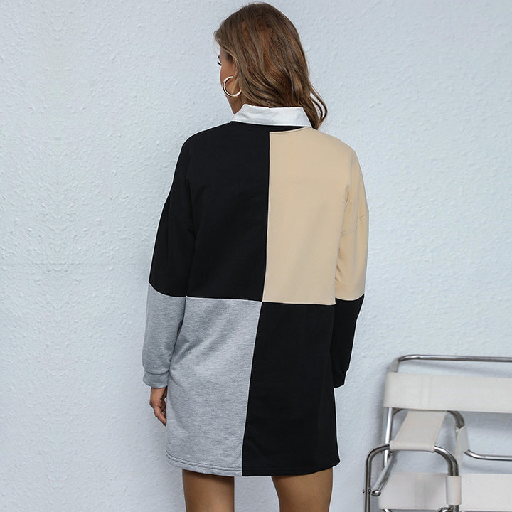 Women's color block sweatshirt dress with shirt collar and loose mini silhouette