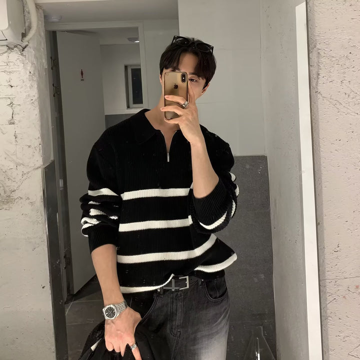 Men's Fashionable Short Sleeve Sweater with Stripes Mune Fashion