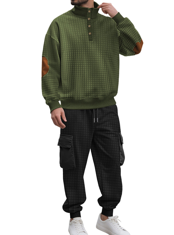 Men's check relief sweat set with stand collar button placket, velour elbow patches and cargo jogger Mune Fashion