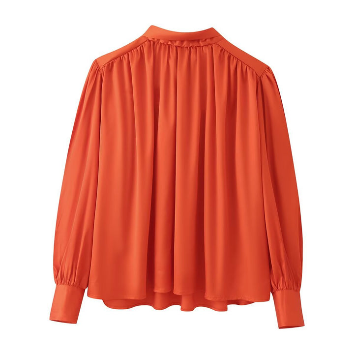 Women's Flowing Satin Blouse with Gathered Back and Balloon Sleeves Mune Fashion