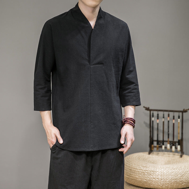 Men's modern cut kimono shirt jacket with V-neck and 3/4 sleeves Mune Fashion