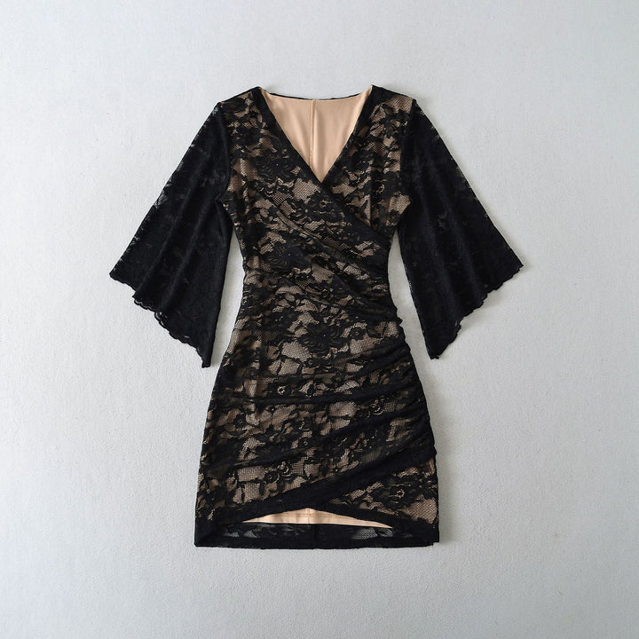 Women's lace wrap dress with trumpet sleeves and gathered silhouette Mune Fashion