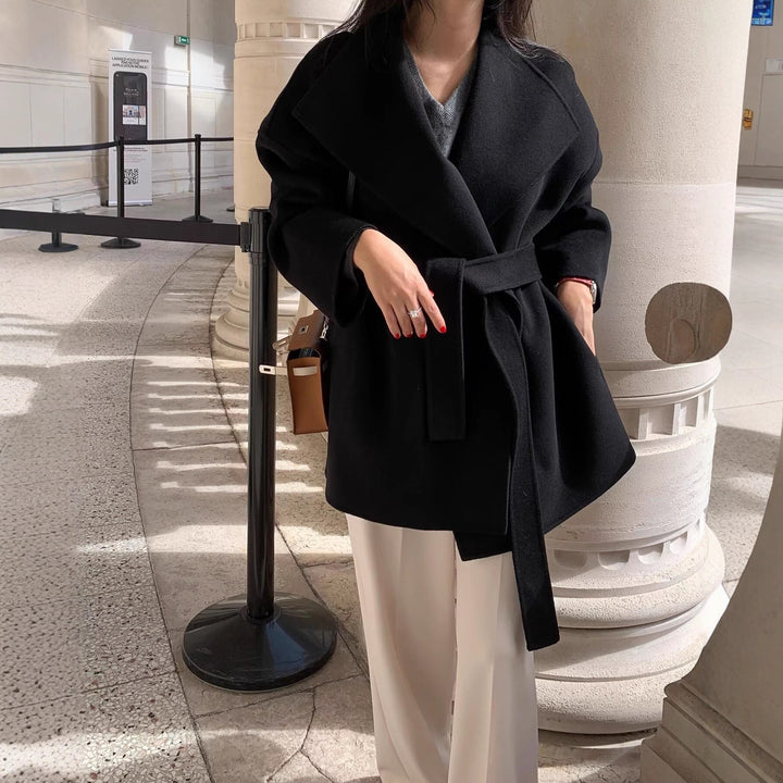 Women's Short Wrap Coat with Oversized Shawl Collar and Tie Belt Mune Fashion