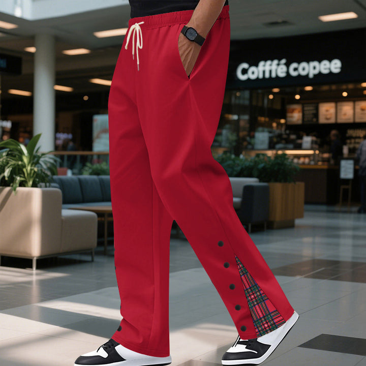 Men's Relaxed-Fit Jogging Pants with Check Side Panel, Snap Button Placket & Drawstring