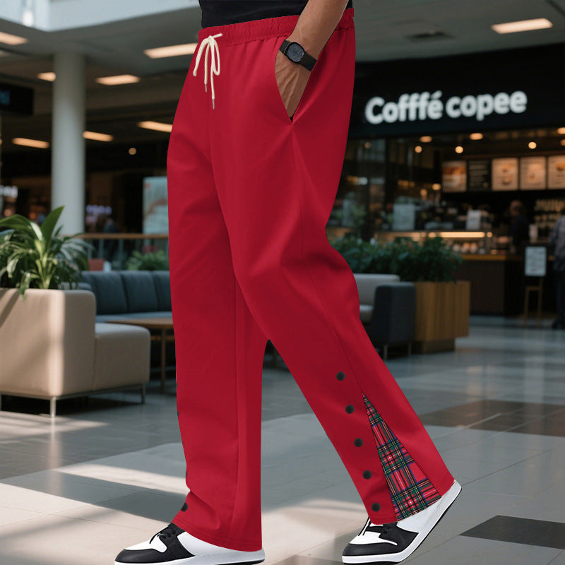 Men's Relaxed-Fit Jogging Pants with Check Side Panel, Snap Button Placket & Drawstring