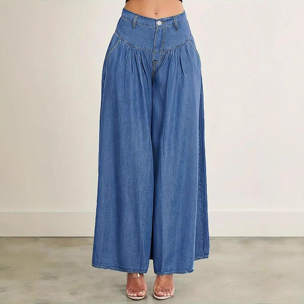 Women High-Waisted Denim Palazzo Pants with Gathered Box Pleat and Extra Wide Leg Mune Fashion
