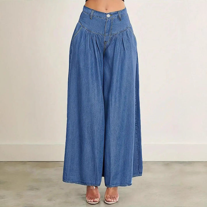 Women High-Waisted Denim Palazzo Pants with Gathered Box Pleat and Extra Wide Leg Mune Fashion
