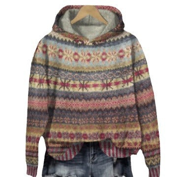 Women's oversized knitted hoodie with Norwegian pattern, lined hood and ribbed cuffs Mune Fashion