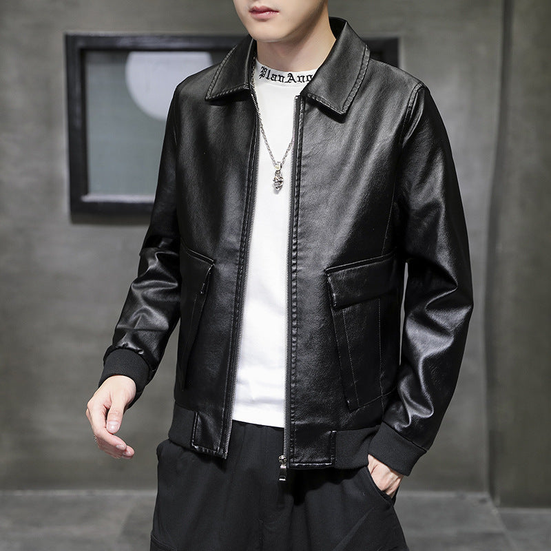 Men's Urban Faux Leather Flight Jacket with Flap Pockets and Ribbed Hem Mune Fashion