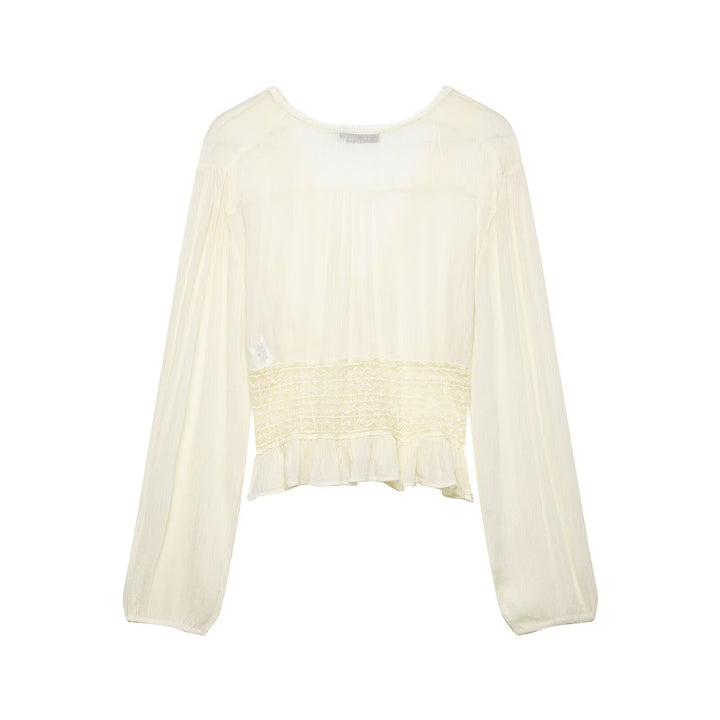 Women Light Blouse with V-Neck, Gathered Waist and Ruffle Hem