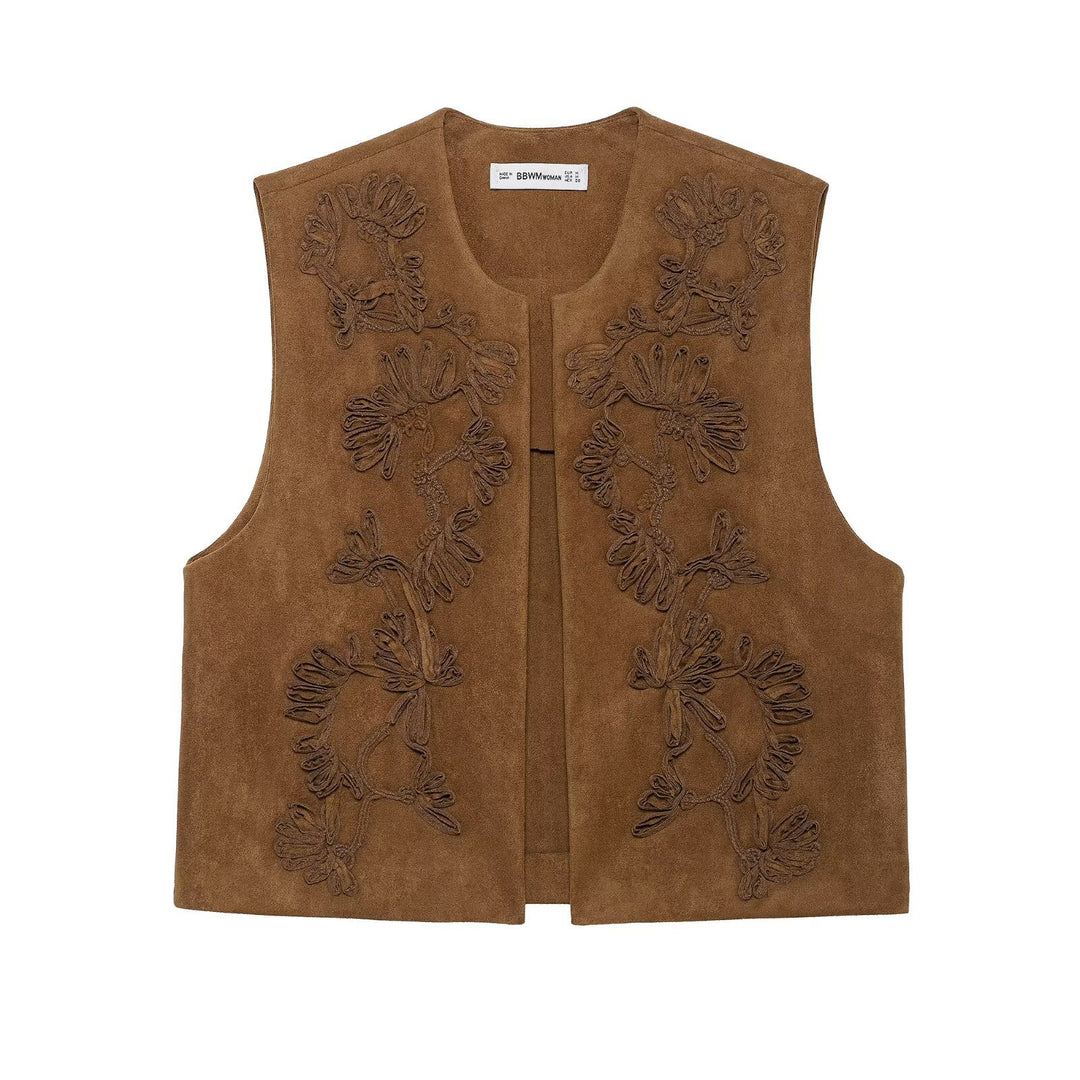 Women's Sleeveless Suede-Look Vest with Floral Appliqué Mune Fashion