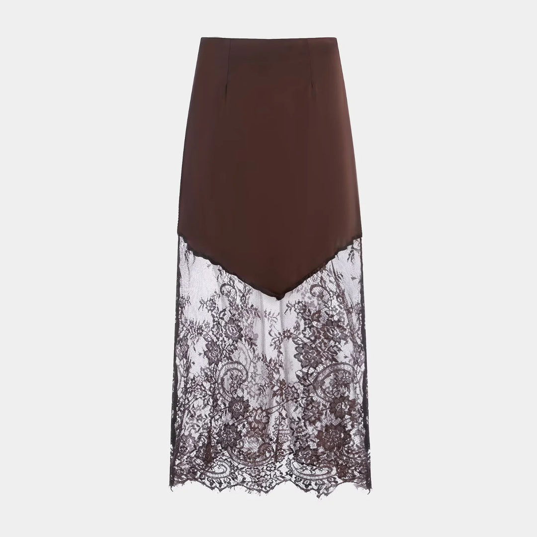 Women's satin skirt with lace overlay and asymmetrical dipped hem Mune Fashion