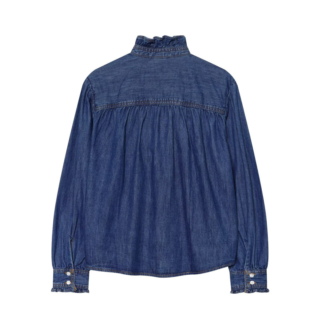 Women's Soft Denim Tunic with Ruffle Trim, Stand Collar, and Balloon Sleeves Drune