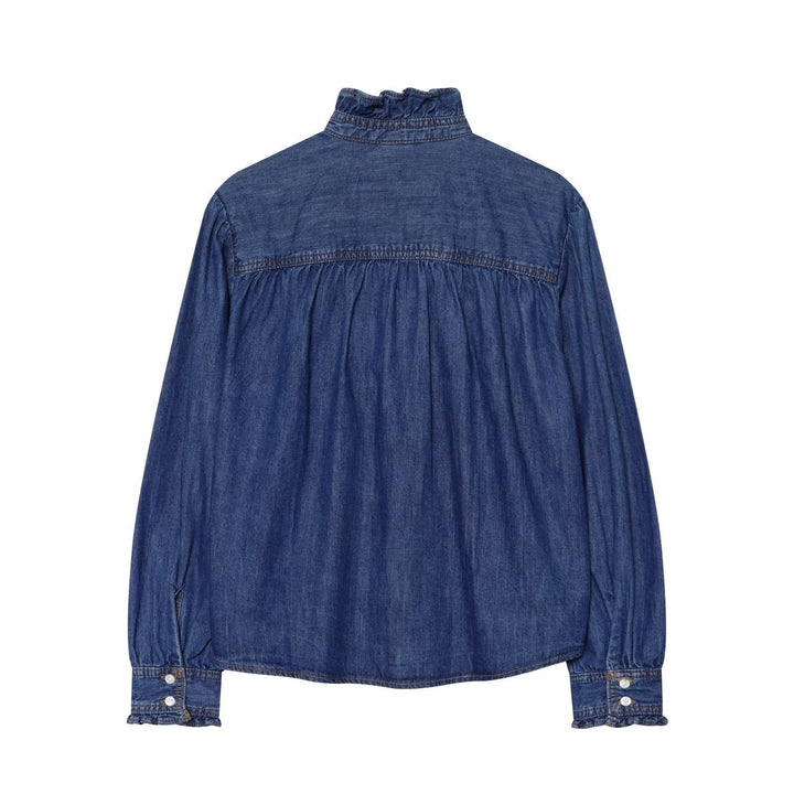 Women's Soft Denim Tunic with Ruffle Trim, Stand Collar, and Balloon Sleeves Drune