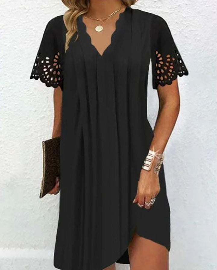 Women's A-line short dress with wavy V-neck, lace embroidery sleeves and asymmetrical hem Mune Fashion