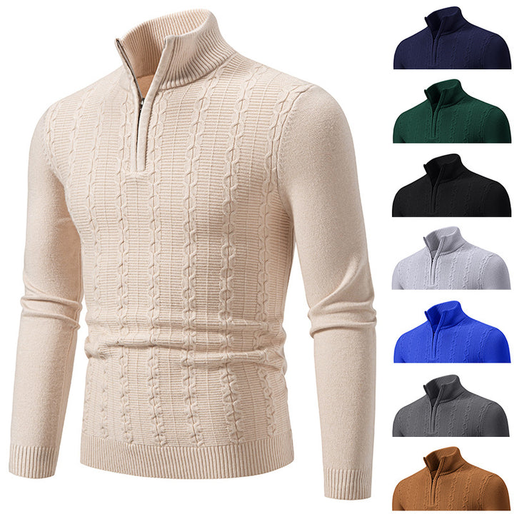 Men's Slim Half-Zip Cable Knit Sweater with Thermal Fine Knit and Ribbed Hem Mune Fashion