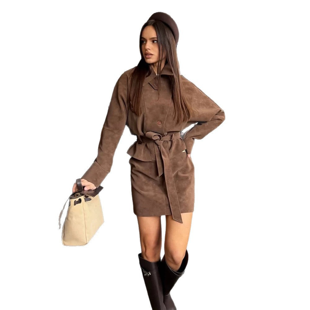 Women's Short Suede Set: Tailored Blouson with Stand Collar & Matching Mini Skirt Mune Fashion