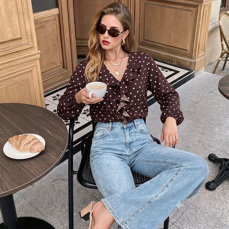 Women Polka Dot Ruffled Blouse with V-Neck, Long Sleeves and Elastic Cuffs Mune Fashion