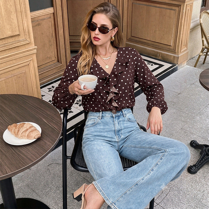 Women Polka Dot Ruffled Blouse with V-Neck, Long Sleeves and Elastic Cuffs Mune Fashion