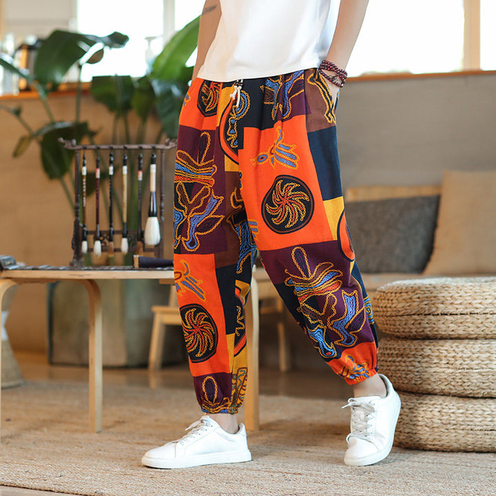 Men's Wide Harem Pants in Boho Print with Elastic Drawstring and Ruffled Anklebands Mune Fashion