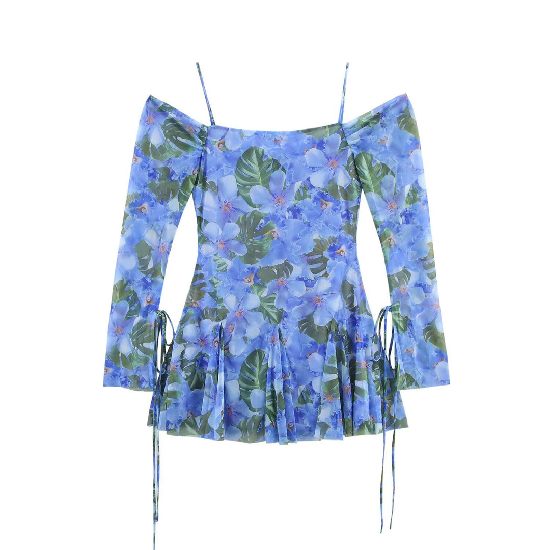 Women's Carmen mini dress with spaghetti straps, long sleeves, and pleated skirt Drune