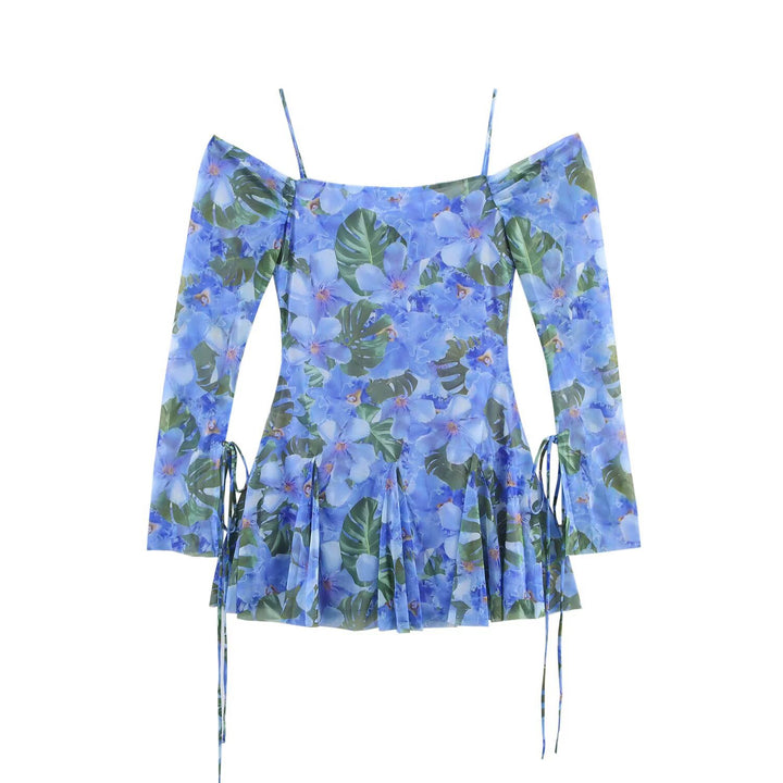 Women's Carmen mini dress with spaghetti straps, long sleeves, and pleated skirt Drune