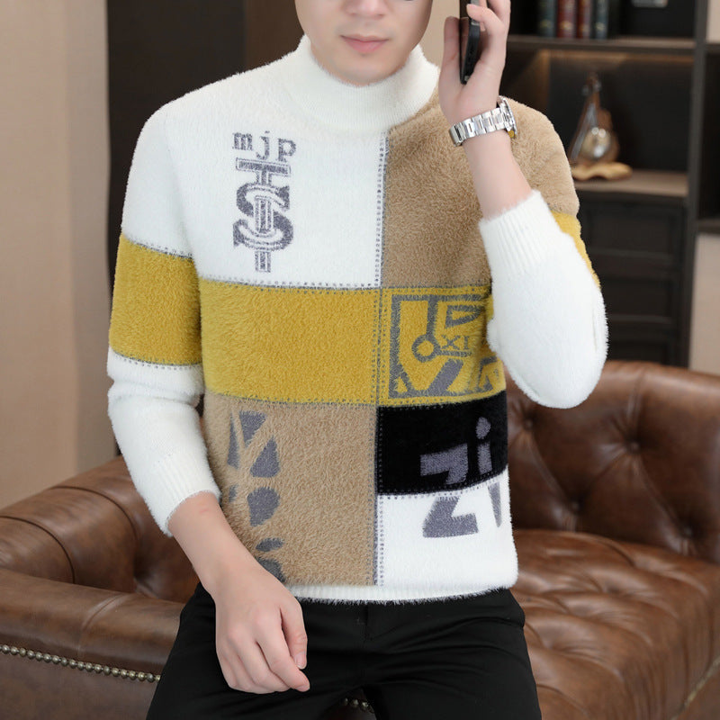 Men's patterned roll-neck pullover made of fluffy bouclé mix with patch intarsia Mune Fashion
