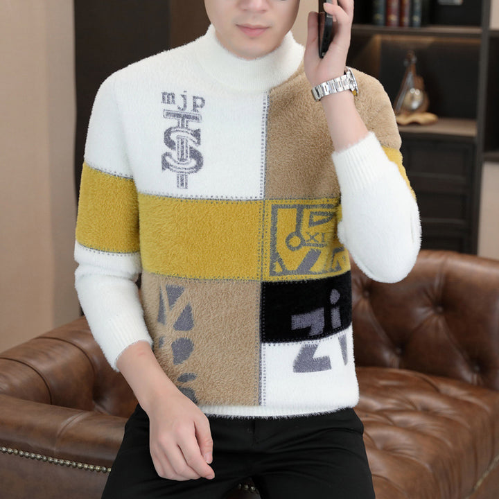 Men's patterned roll-neck pullover made of fluffy bouclé mix with patch intarsia Mune Fashion
