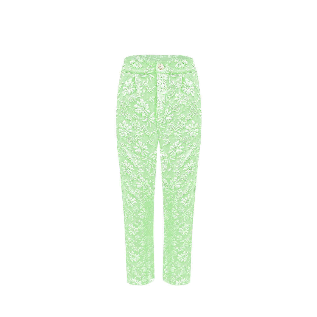 Women's high-waisted pleated trousers with floral jacquard and straight leg Mune Fashion