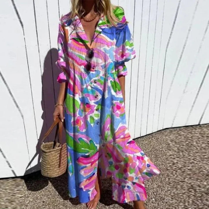 Women Flowing Maxi Dress with Continuous Button Placket V-Neck and Folk Print Mune Fashion