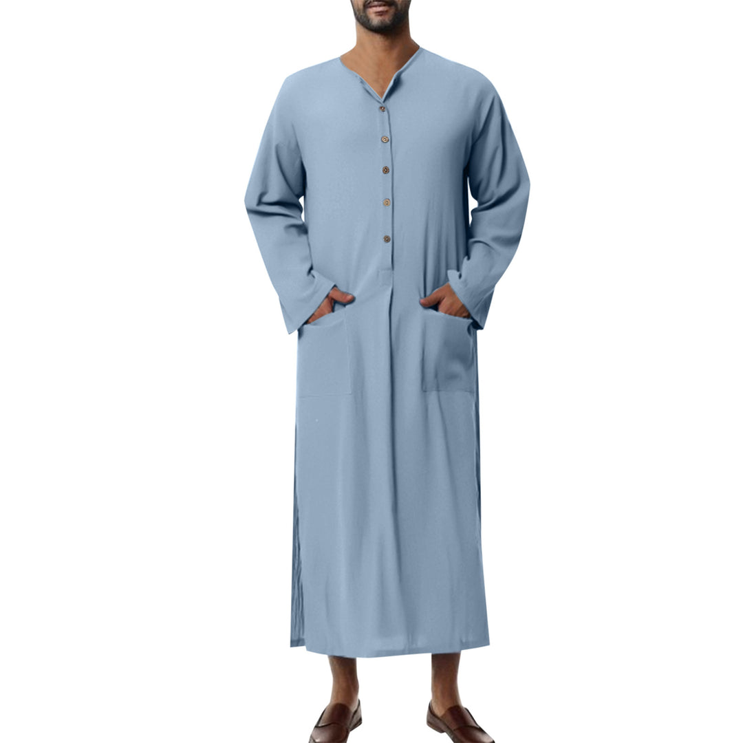 Men's wide long tunic-kaftan made of breathable linen with stand-up collar, button placket, and patch pockets Mune Fashion