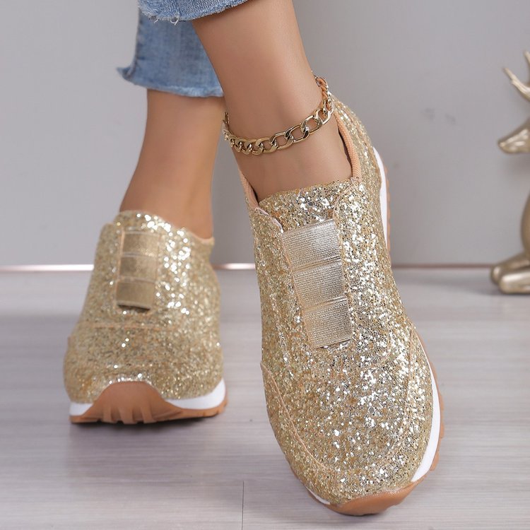 Women's glittering slip-on sneakers with elastic tongue trim, padded insole, and slip-resistant patterned sole Mune Fashion