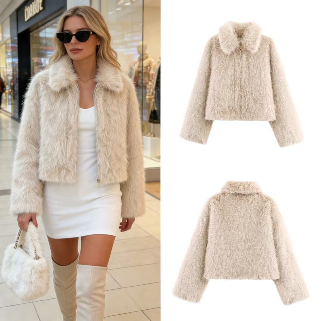 Ladies Short Fluffy Faux Fur Jacket with Lapel Collar and Straight Hem Mune Fashion