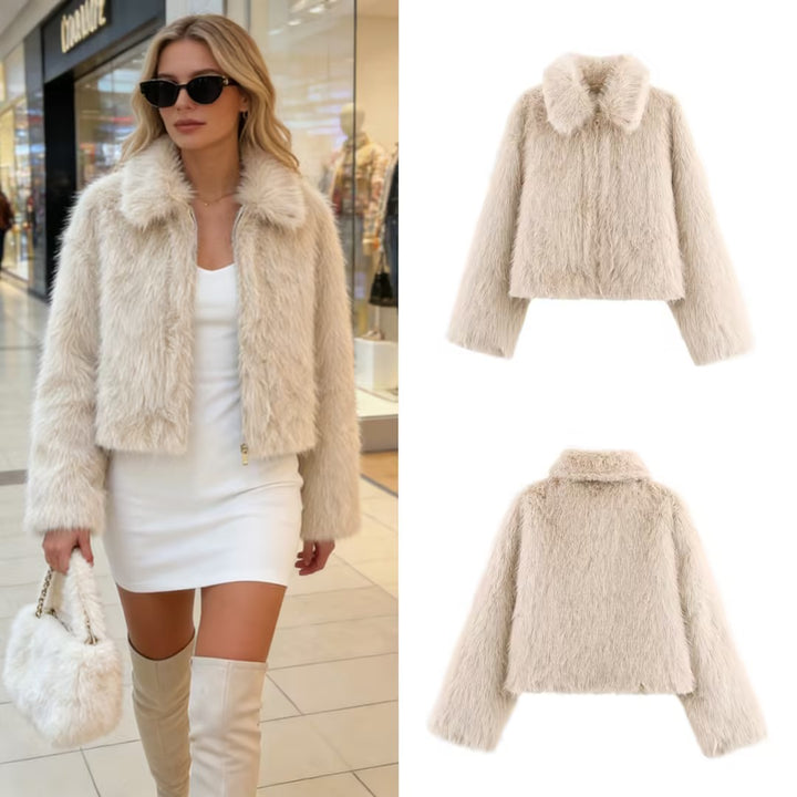 Ladies Short Fluffy Faux Fur Jacket with Lapel Collar and Straight Hem Mune Fashion