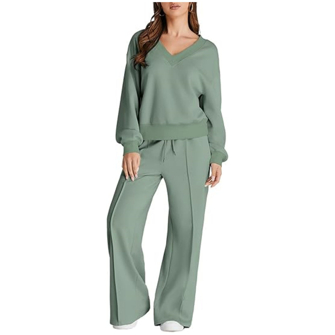 Women's Casual V-Neck Leisure Set with Wide Jogging Pants Mune Fashion