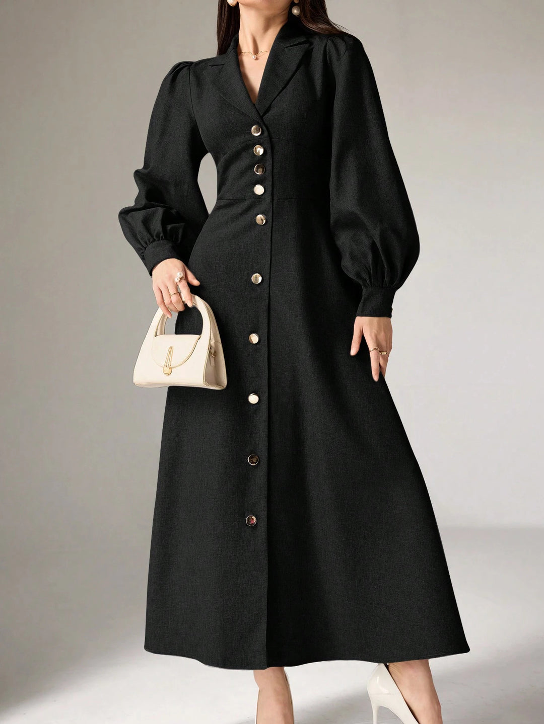 Women's Tailored Midi Dress with Balloon Sleeves and Notched Collar Mune Fashion