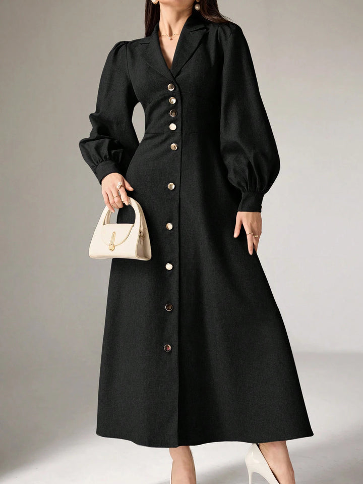 Women's Tailored Midi Dress with Balloon Sleeves and Notched Collar Mune Fashion