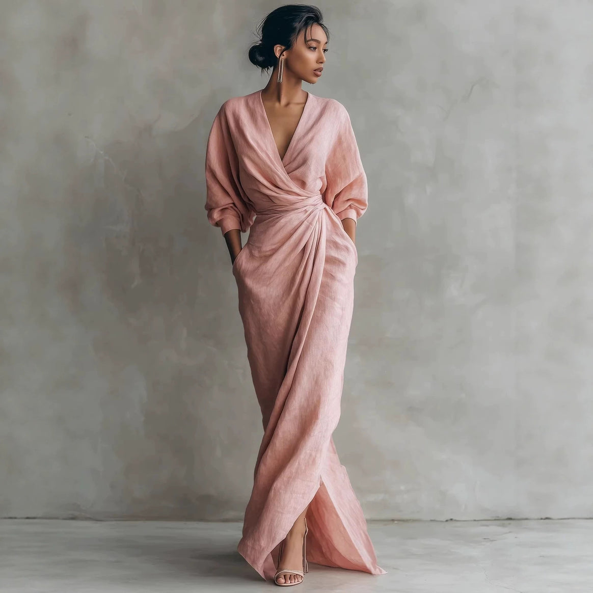 Women's wrap maxi dress made of linen blend with deep V-neck and balloon sleeves Mune Fashion