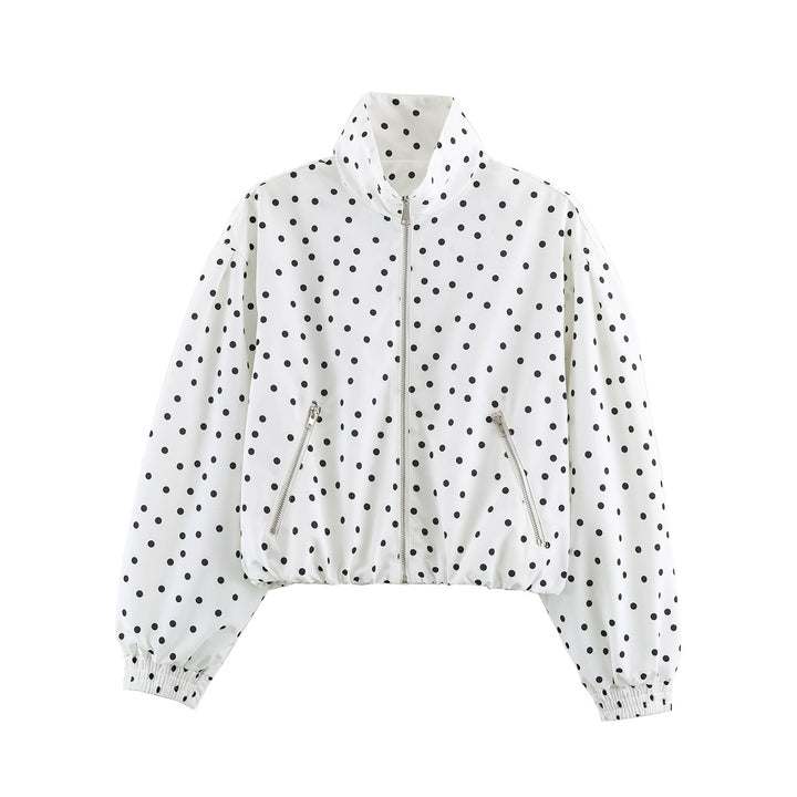 Women Cropped Dotted Bomber Jacket with High Stand Collar, Zipper Pockets, and Elastic Hem Mune Fashion