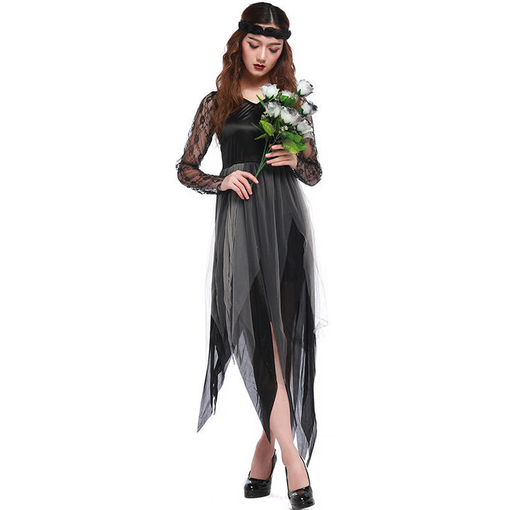Ladies Gothic Costume with Transparent Lace Sleeves and Flared Skirt Mune Fashion