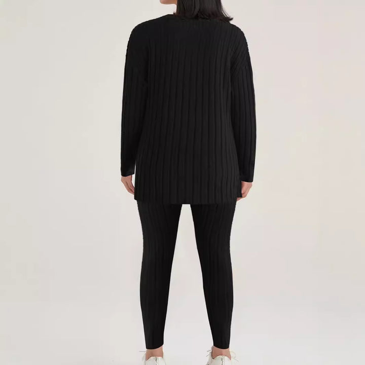 Women's Ribbed Relax Two-Piece Made of Fine Knit with Round Neckline and Slim Jogger Mune Fashion