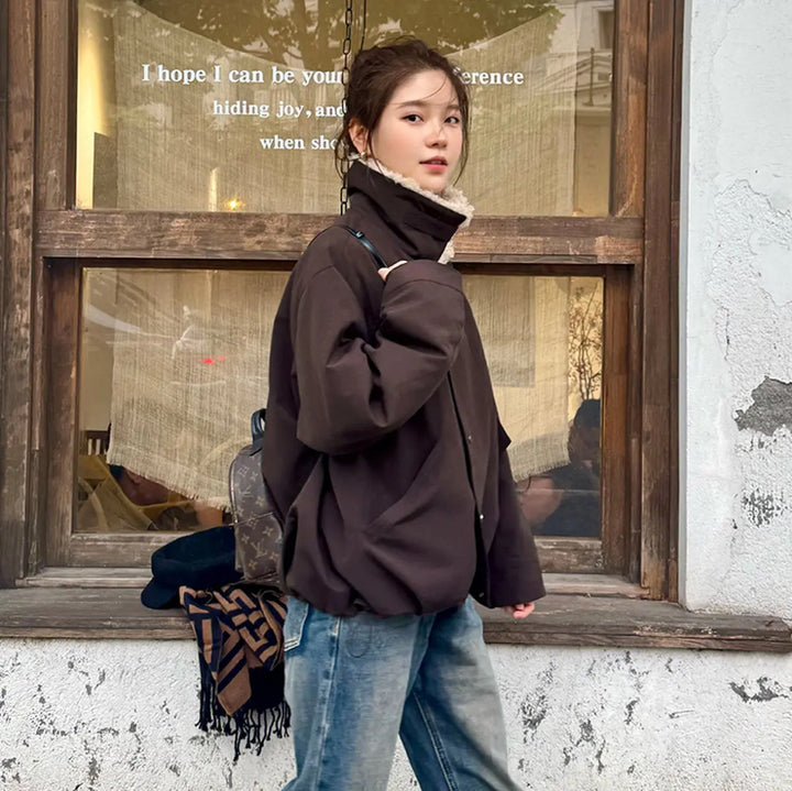 Ladies Short Oversize Boxy Jacket with Teddy Collar and Snap Button Closure Mune Fashion