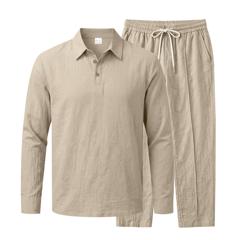 Men's Long Sleeve Polo Shirt and Relax Pants Set in Linen Look with Drawstring Mune Fashion