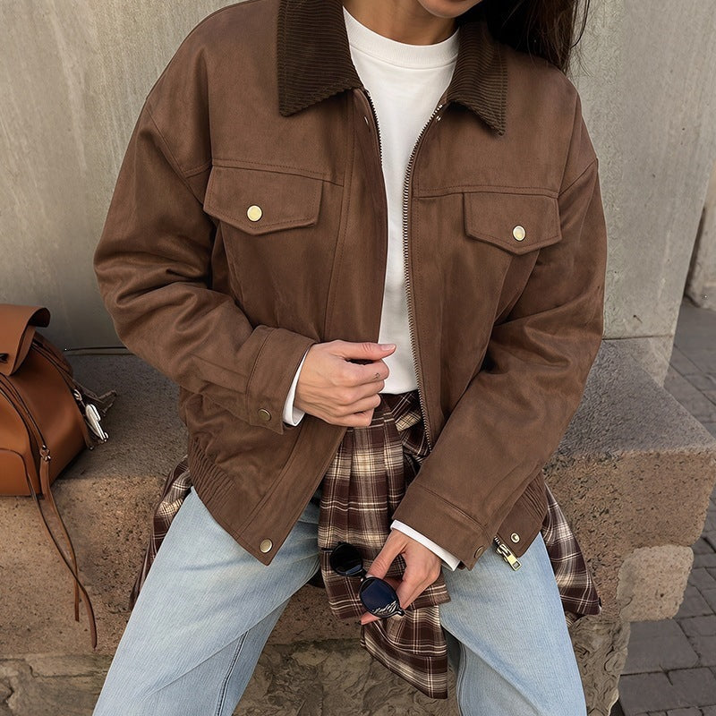Women Elegant Suede Jacket Mune Fashion
