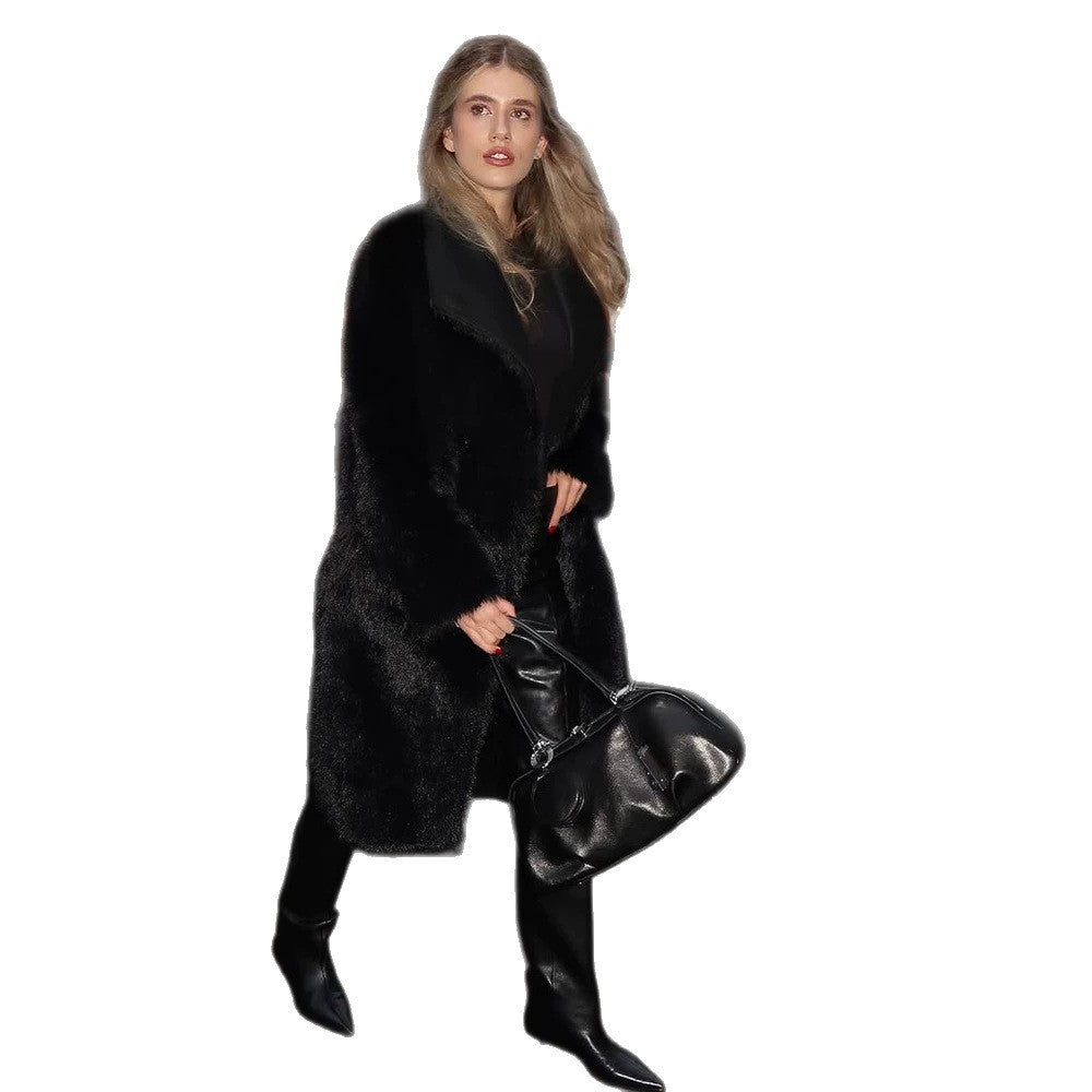 Women's Long Cut Faux Fur Coat with Large Shawl Collar and Concealing Oversize Fit Mune Fashion
