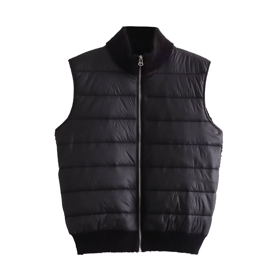 Women's Padded Quilted Vest with Knit Funnel Neck Mune Fashion