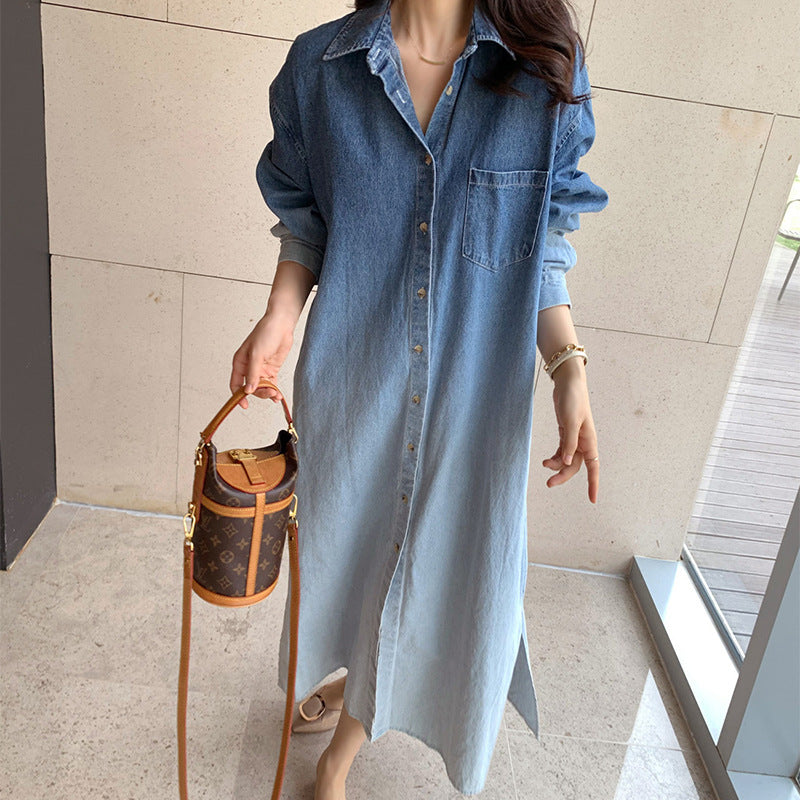 Women's Gradient Jeans Shirt Dress Maxi with Full Button Placket, Chest Pocket, and Side Slits Mune Fashion