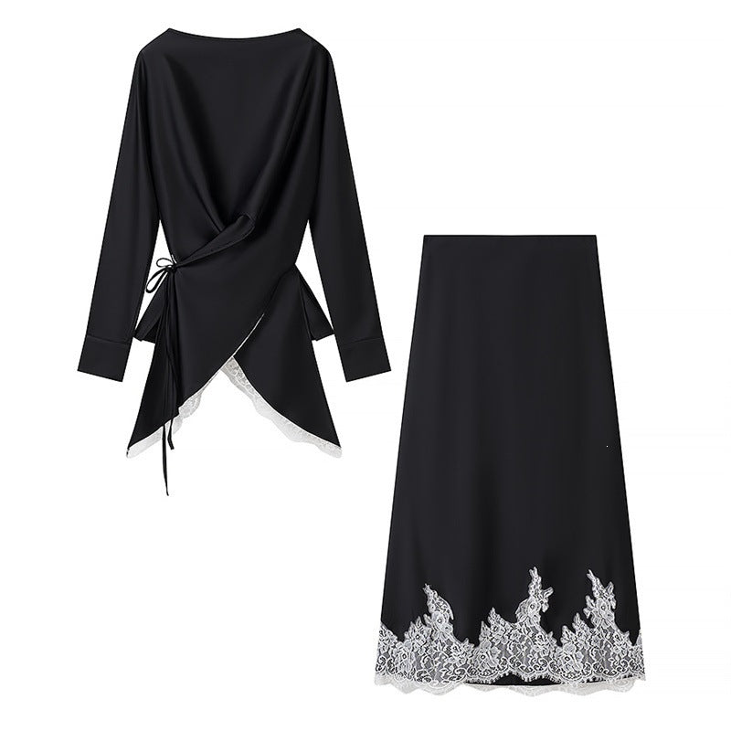 Women's Two-Piece Satin Set with Wrap Blouse, Lace Trim and A-Line Maxi Skirt Mune Fashion
