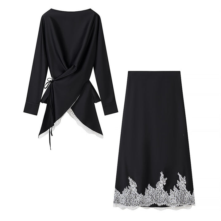Women's Two-Piece Satin Set with Wrap Blouse, Lace Trim and A-Line Maxi Skirt Mune Fashion